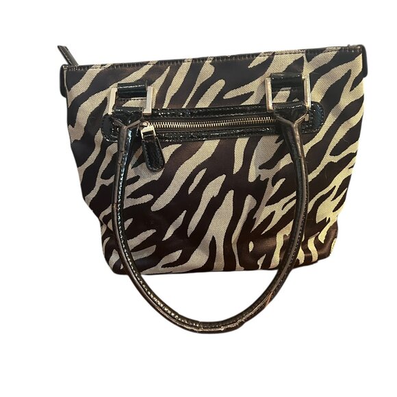 Anne Klein Cut Out Zebra Print Satchel Bag Purse Patent Black Tan Red Interior - Picture 2 of 6